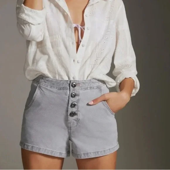 Anthropologie Pilcro Lace Up Back Denim Shorts Women's Size 25 Gray Stretch - Picture 2 of 13